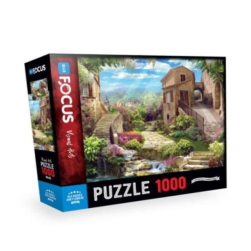 Blue Focus Old Houses And Flowers - Puzzle 1000 Parça | Kitap Ambarı